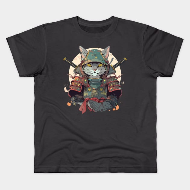 samurai cat Kids T-Shirt by fancy ghost